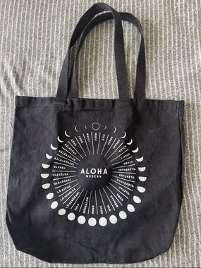 Aloha Modern Black Canvas Tote with Moon Phase Graphic